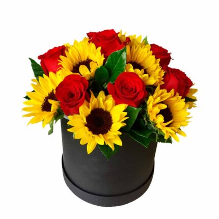 Caja cilindrica con 06 Rosas y 10 Girasoles