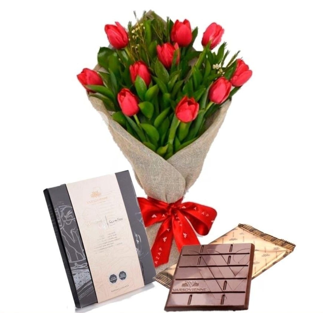 Ramo de tulipanes con Tableta Chocolate Varsovienne 80 Grs.