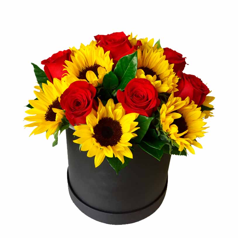 Caja cilindrica con 06 Rosas y 10 Girasoles
